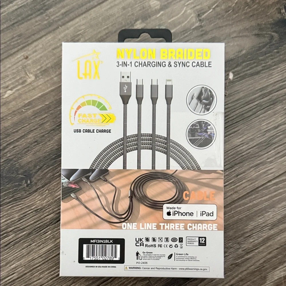Black 3-in-1 Charge & Sync Cable